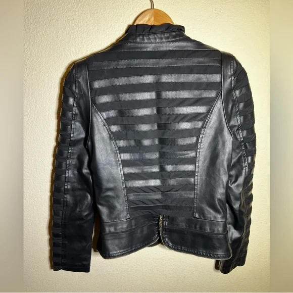 Drôle de Copine Paris Black Faux Leather Striped Jacket Gold